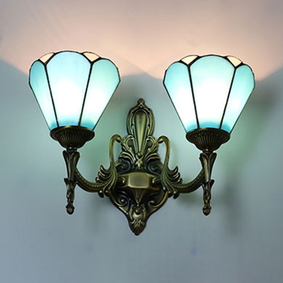 Blue/White Cone Wall Sconce 2 Lights Tiffany Style Antique Glass Sconce Light for Hotel Hallway