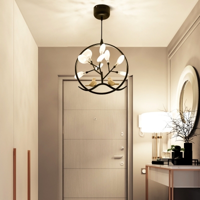 Branch Shape Bedroom Hanging Lamp with Bird Metal 9 Lights Rustic Style Chandelier in Black/Gold