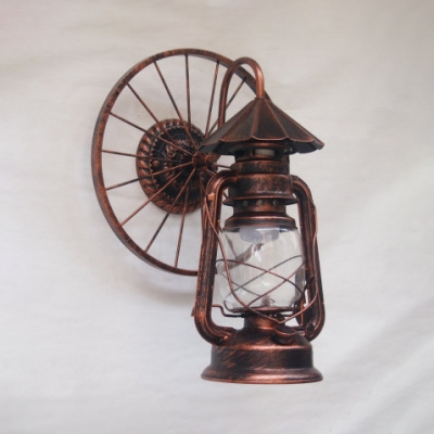 Cafe Kerosene Sconce Light with Wheel Glass 1 Light Vintage Wall Lamp in Antique Copper/Black/Heritage Brass