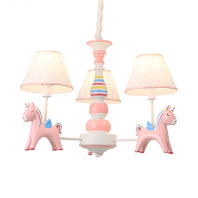 Child Bedroom Tapered Shade Pendant Light with Unicorn Resin 3/5 Lights Lovely Pink Chandelier