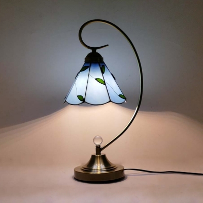 Cone Bedroom Table Light with Leaf Simple Style Art Glass 1 Light Night Light in Beige/Blue