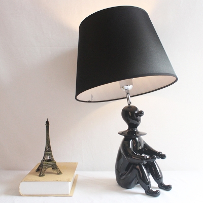 Contemporary Tapered Desk Lamp Fabric 1 Light Black/White Table Light with Human Decoration for Office