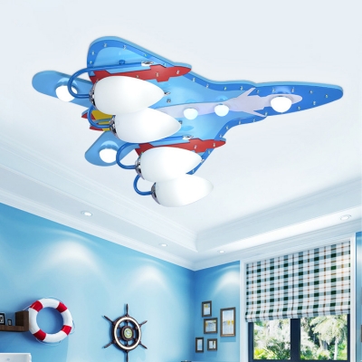 Creative Cartoon Plane Semi Ceiling Mount Light Wood Black LED Ceiling Fixture for Child Bedroom