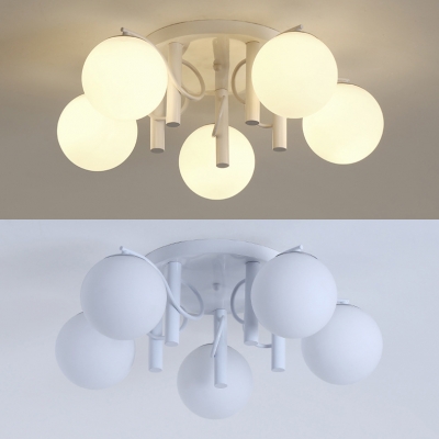 Dining Room Globe Shade Semi Flush Mount Light Frosted Glass 3/5/9 Lights White Ceiling Light