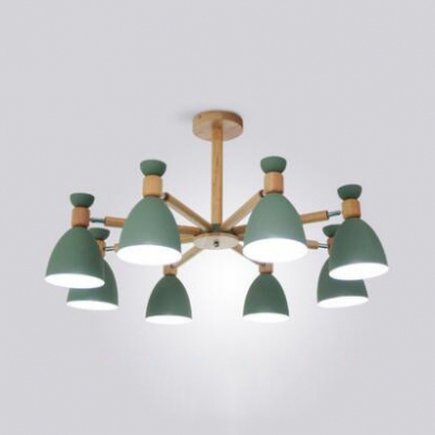 Dome Shade Kindergarten Chandelier Wood 3/6/8 Lights Contemporary Hanging Light in Gray/Green/White