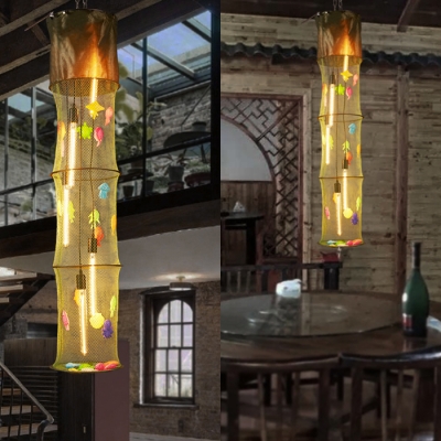 Fabric Cylinder Fish Net Hanging Light Restaurant 5 Lights Creative Pendant Light with Colorful Fish