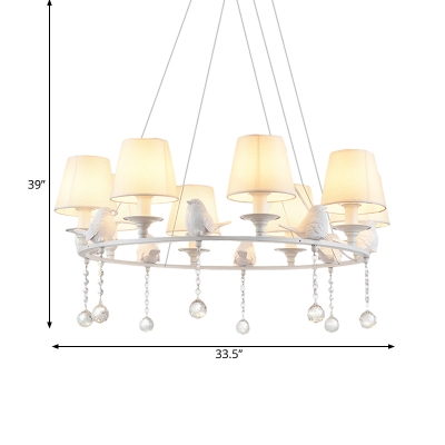 Fabric Tapered Shade Chandelier with Bird & Crystal 3/6/8 Lights Traditional Suspension Light in White