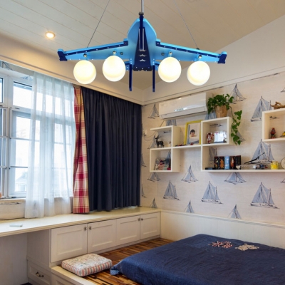 Four Heads Airplane Pendant Lamp Modern Eye-Caring Wood White Lighting Hanging Light in Blue for Dining Room