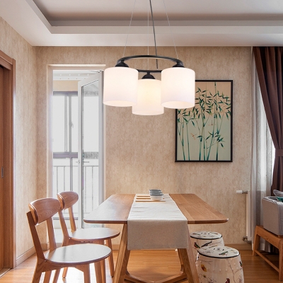 Frosted Glass Cylinder Suspension Light Dining Room 3 Lights Traditional Hanging Light in White