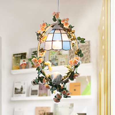 Glass Bowl Hanging Light with Bloom & Bird 1 Light Tiffany Rustic Ceiling Pendant for Balcony