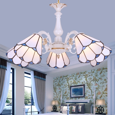 Glass Cone Shade Pendant Light 3/5/6/8 Lights Tiffany Style Chandelier in White Living Room