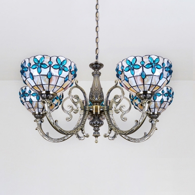 Glass Dome Shade Ceiling Light with Red/Blue Flower Bedroom 3/8 Lights Tiffany Style Chandelier