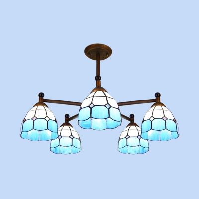Glass Dome Shade Hanging Light 5 Lights Tiffany Style Rustic Style Chandelier in Blue/Orange/Yellow for Shop