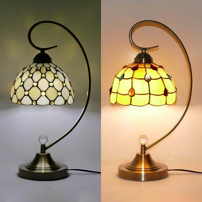 Glass Lattice Bowl Desk Light with Bead 1 Light Simple Style Tiffany Table Light in Beige/Yellow for Hotel