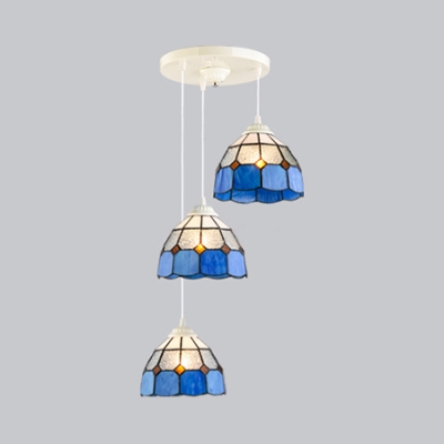 Glass Lattice Bowl Suspension Light Living Room 2/3 Lights Nautical Style Island Light in Blue