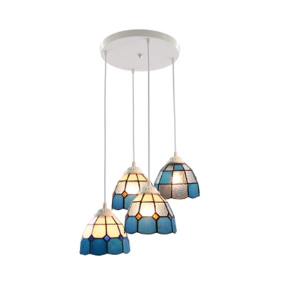 Glass Lattice Dome Hanging Lamp Dining Room 4 Lights Mediterranean Style Pendant Light in Blue