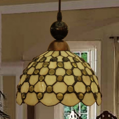 Glass Scalloped Pendant Light with Beads Hallway 1 Light Tiffany Style Ceiling Light in Beige