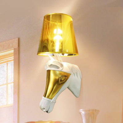Gold/White Tapered Shade Wall Light 1 Light Creative Resin Sconce Lamp with Horse for Bedroom