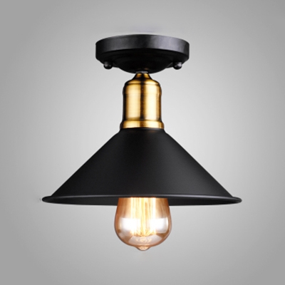 Iron Conical Shape Flush Ceiling Light One Head Antique Style Ceiling Lamp in Black/White for Corridor