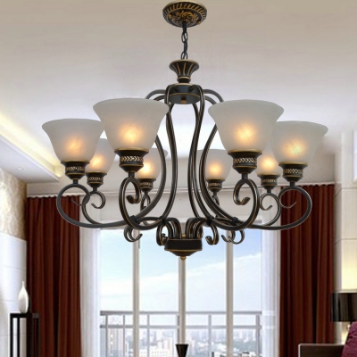 Hotel Bowl Shade Chandelier Light Opal Glass 6/8 Lights Antique Style Black Hanging Light
