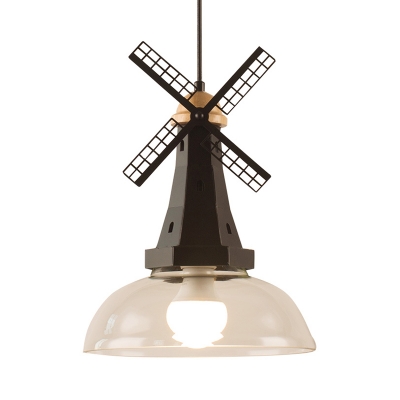 Industrial Black Ceiling Pendant Dome Shade 1 Light Clear Glass Hanging Light with Windmill for Restaurant