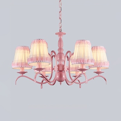 Kid Bedroom Tapered Shade Chandelier with Lace Decoration Metal 3/5/6 Lights Pink Pendant Light
