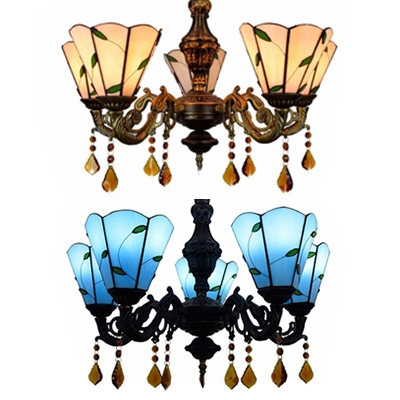 Living Room Cone Chandelier with Leaf Glass 5 Lights Antique Style Beige/Blue Pendant Light