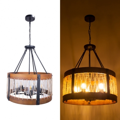 Living Room Drum Shade Chandelier Wood Metal 5 Lights Country Style Brown Hanging Lamp
