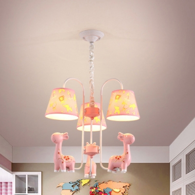 Lovely Blue/Pink Chandelier Tapered Shade 3 Lights Resin Pendant Light with Giraffe for Kid Bedroom