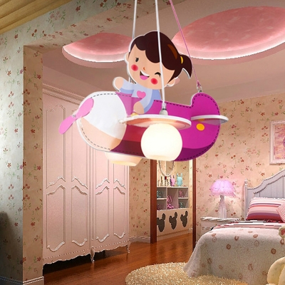 Lovely Girl & Plane Pendant Light 2 Lights Wood Suspension Lamp in Pink for Girl Bedroom