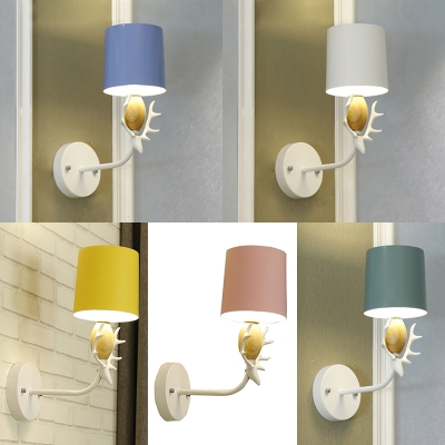 Macaron Loft Cylinder Wall Light Metal 1 Light LED Sconce Lamp with Deer Horn for Bathroom