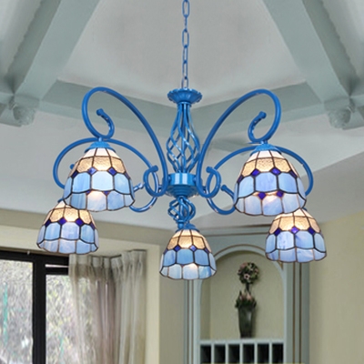 Mediterranean Style Blue Chandelier Dome Shade 3/5 Lights Glass Ceiling Light for Cafe Shop