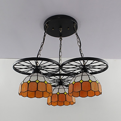 Metal Wheel Pendant Light with Grid Glass Shade 3 Lights Tiffany Industrial Hanging Light in Blue/Green/Orange