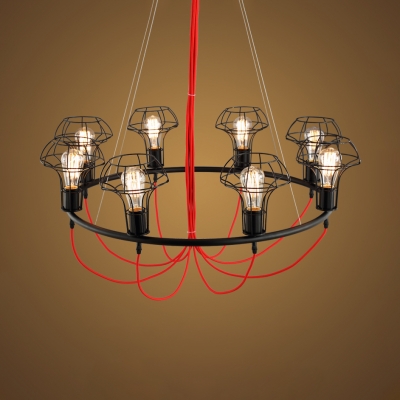 Metal Wire Frame Ceiling Pendant 8 Lights Industrial Suspension Light in Black for KTV Bar