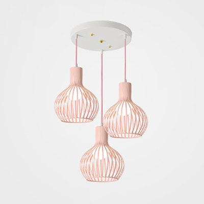Metal Wire Frame Hanging Lamp with Round Canopy Shop 3 Lights Nordic Style Suspension Light in Green/Grey/Pink/Yellow