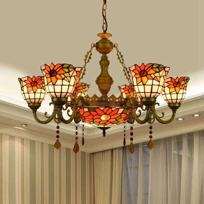 Restaurant Flower Chandelier Stained Glass 7 Lights Rustic Style Pendant Lamp with Crystal