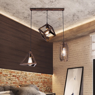 Restaurant Hanging Light with Linear/Round Canopy Metal 3 Lights Industrial Rust Ceiling Light