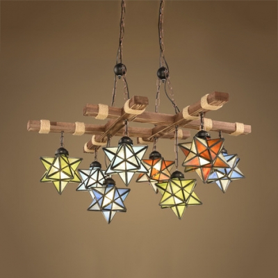 Restaurant Star Shade Suspension Light Stained Glass 6/8 Lights Tiffany Style Rustic Chandelier