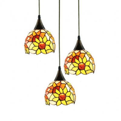 Stained Glass Bead/Sunflower Pendant Light Dining Table 3 Lights Tiffany Vintage Hanging Light