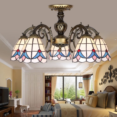 Stained Glass Dome Pendant Light 5/6 Lights Tiffany Style Antique Chandelier for Dining Room