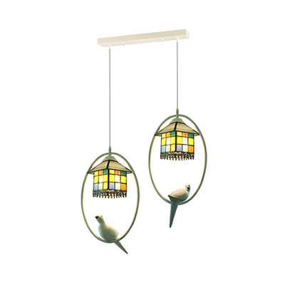 Stained Glass House Hanging Light with Resin Pigeon 2/3 Lights Tiffany Vintage Pendant Light for Bar