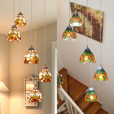 Stained Glass Sunflower/Victorian Hanging Light 5 Lights Ceiling Pendant for Swirled Stair