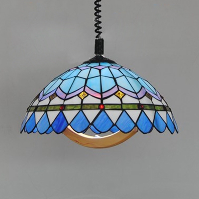 Stained Glass Umbrella Pendant Lighting with Swirl Cord Study Room Tiffany Vintage Hanging Light in Blue