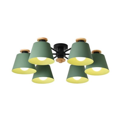 Tapered Dining Room Semi Flush Light Metal 6 Lights Simple Style Ceiling Lamp in Green/Gray