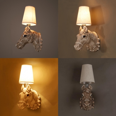 Tapered Shade Restaurant Wall Sconce with Horse Decoration Resin 1 Light Rustic Style Sconce Lamp