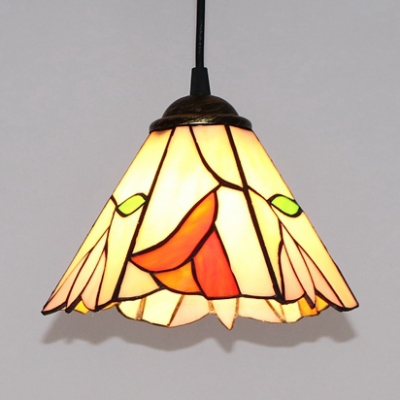 Tiffany Beige Pendant Light Conical Shade 1 Light Glass Suspension Light with Leaf for Hallway