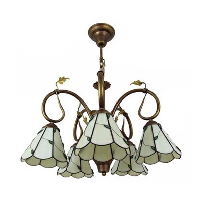Tiffany Style Cone Chandelier with Leaf 5 Lights Glass Hanging Lamp in White for Shop Cafe