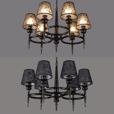 Traditional Black Pendant Lamp Tapered Shade 6 Lights Fabric Metal Chandelier for Dining Room