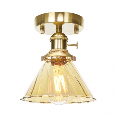 Traditional Brass Flush Mount Light Cone 1 Light Amber/Clear Fluted Glass Ceiling Light for Foyer