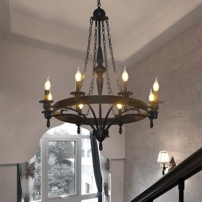 Villa Candle Shape Chandelier Light Metal 12 Lights Colonial Style Black Pendant Lamp